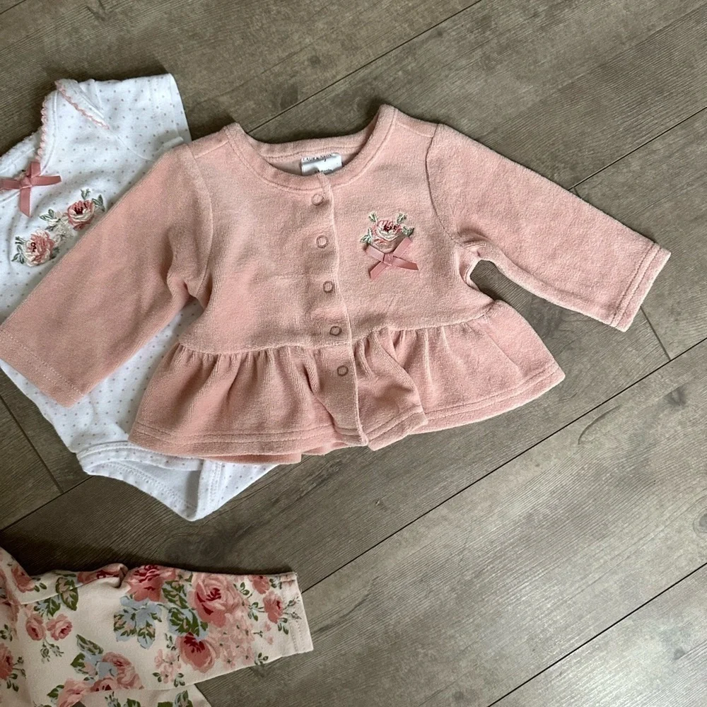 Laura Ashley Floral 3 Pc Matching Outfit Set 0-3M Infant Baby Girl
